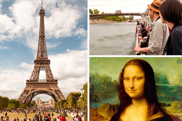 Louvren + Eiffeltornet + båt på floden Seine i Paris